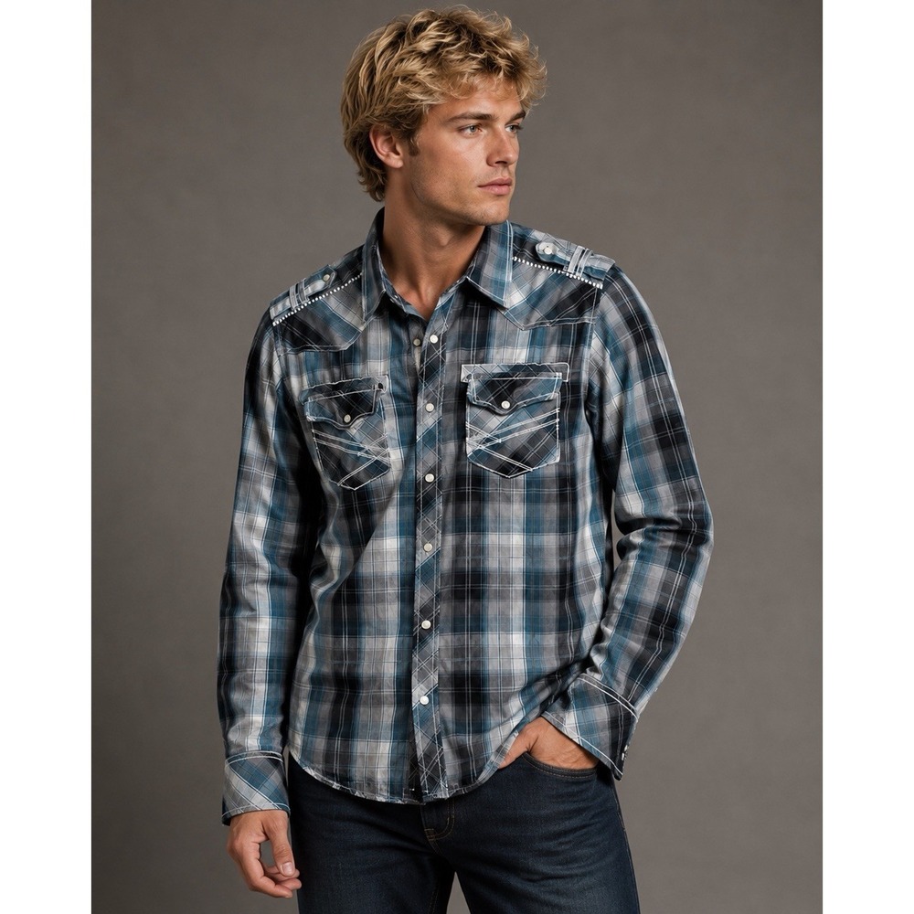 BKE Since 1967 Slim Fit‎ Plaid Western Shirt Medium Pearl Snap Coastal Ranch
